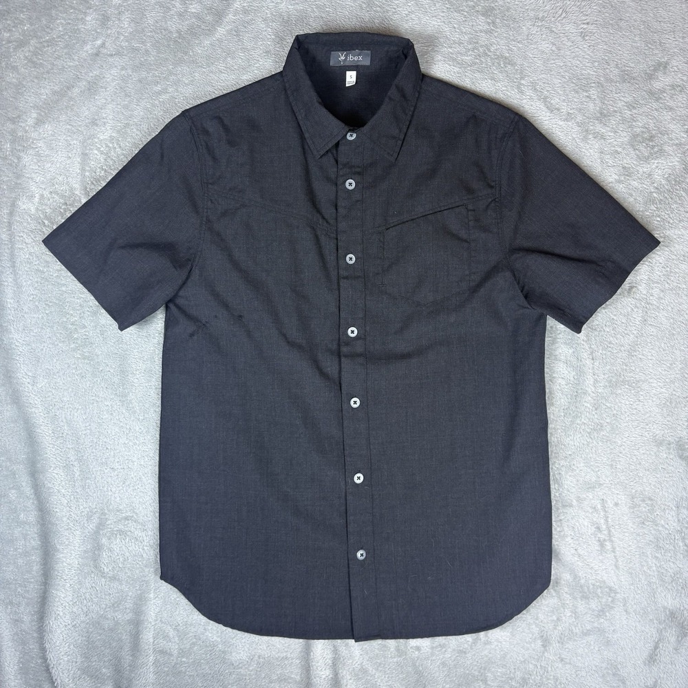 Ibex Men's Small‎ Button Up Short Sleeve Black Shirt FLAW
